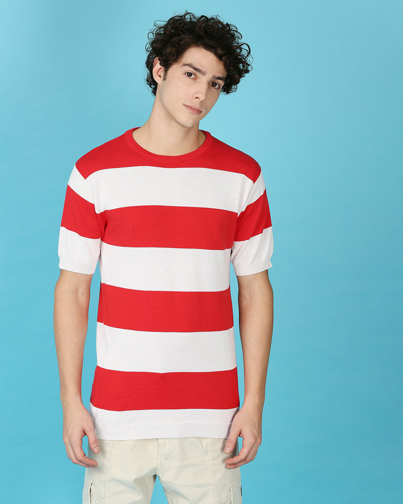 Red & White Striped Knitted Slim Fit T-shirt