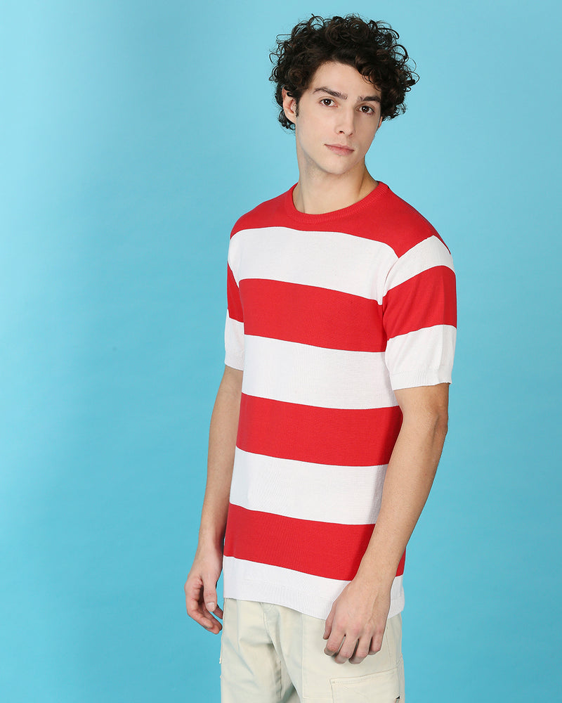 Red & White Striped Knitted Slim Fit T-shirt