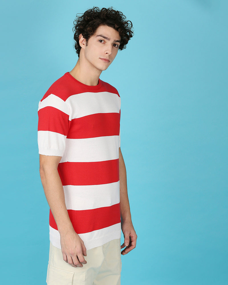 Red & White Striped Knitted Slim Fit T-shirt