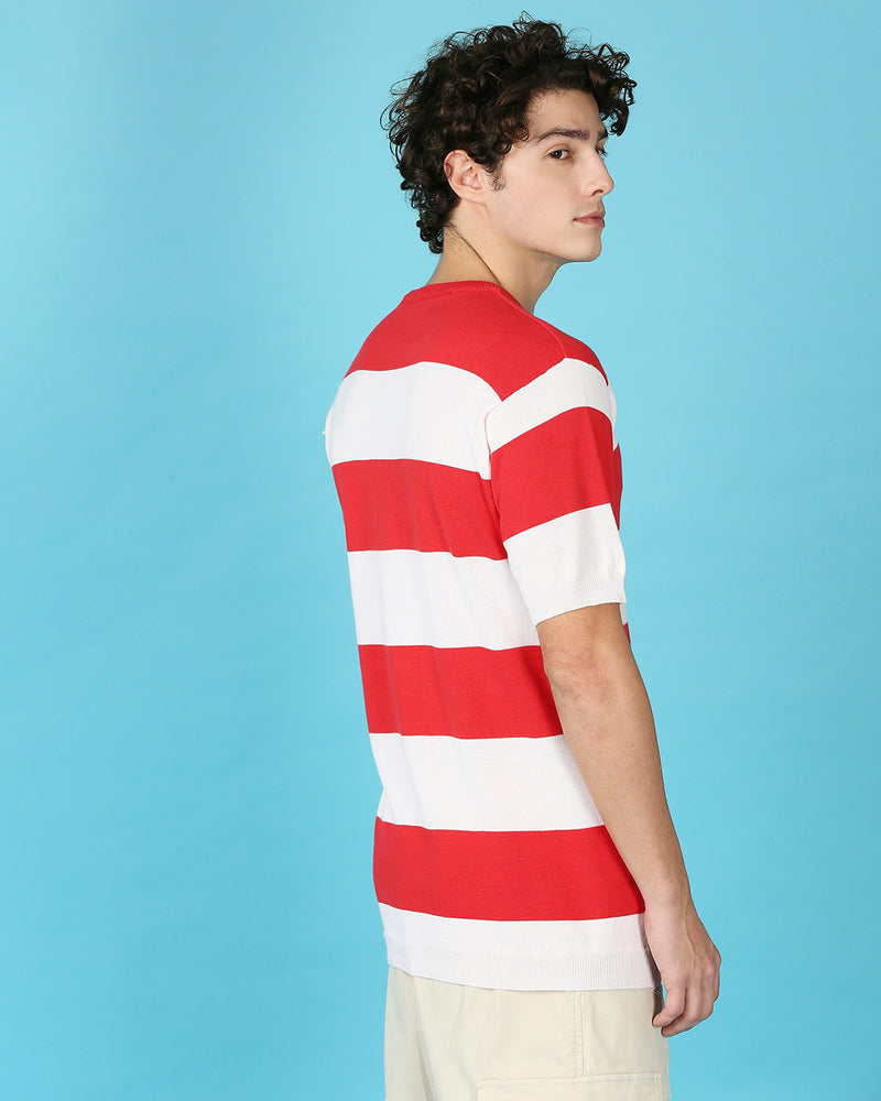 Red & White Striped Knitted Slim Fit T-shirt