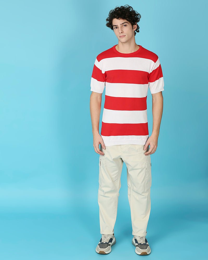 Red & White Striped Knitted Slim Fit T-shirt